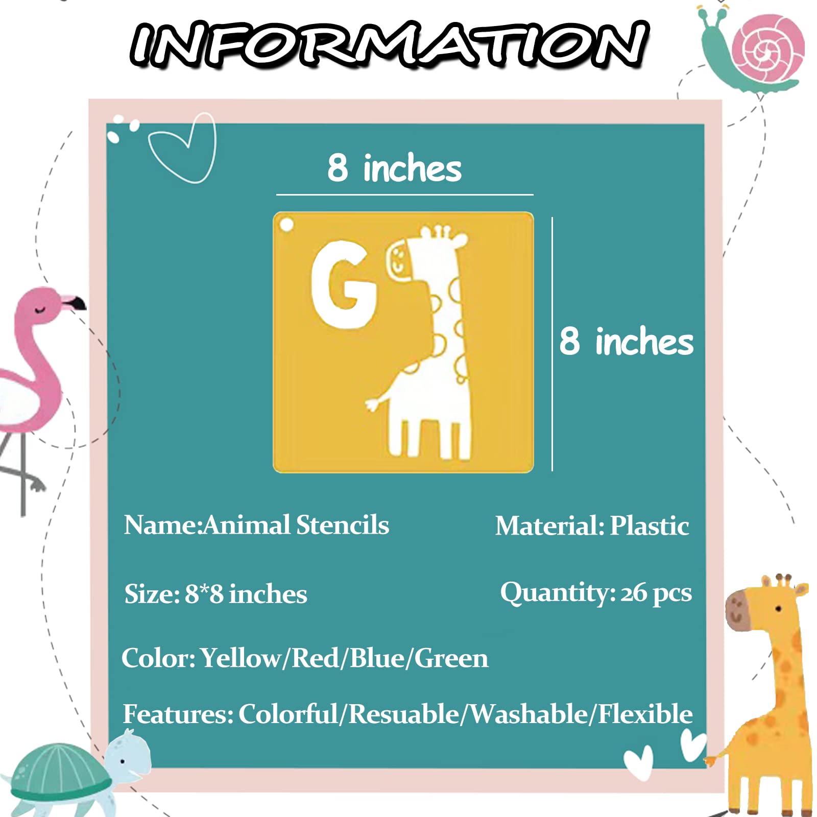 Stencils for Kids 26pcs Animal Drawing Stencils 8x8 Large Reusable Plastic Stencils with Letter A-Z for Boys Girls DIY Crafts