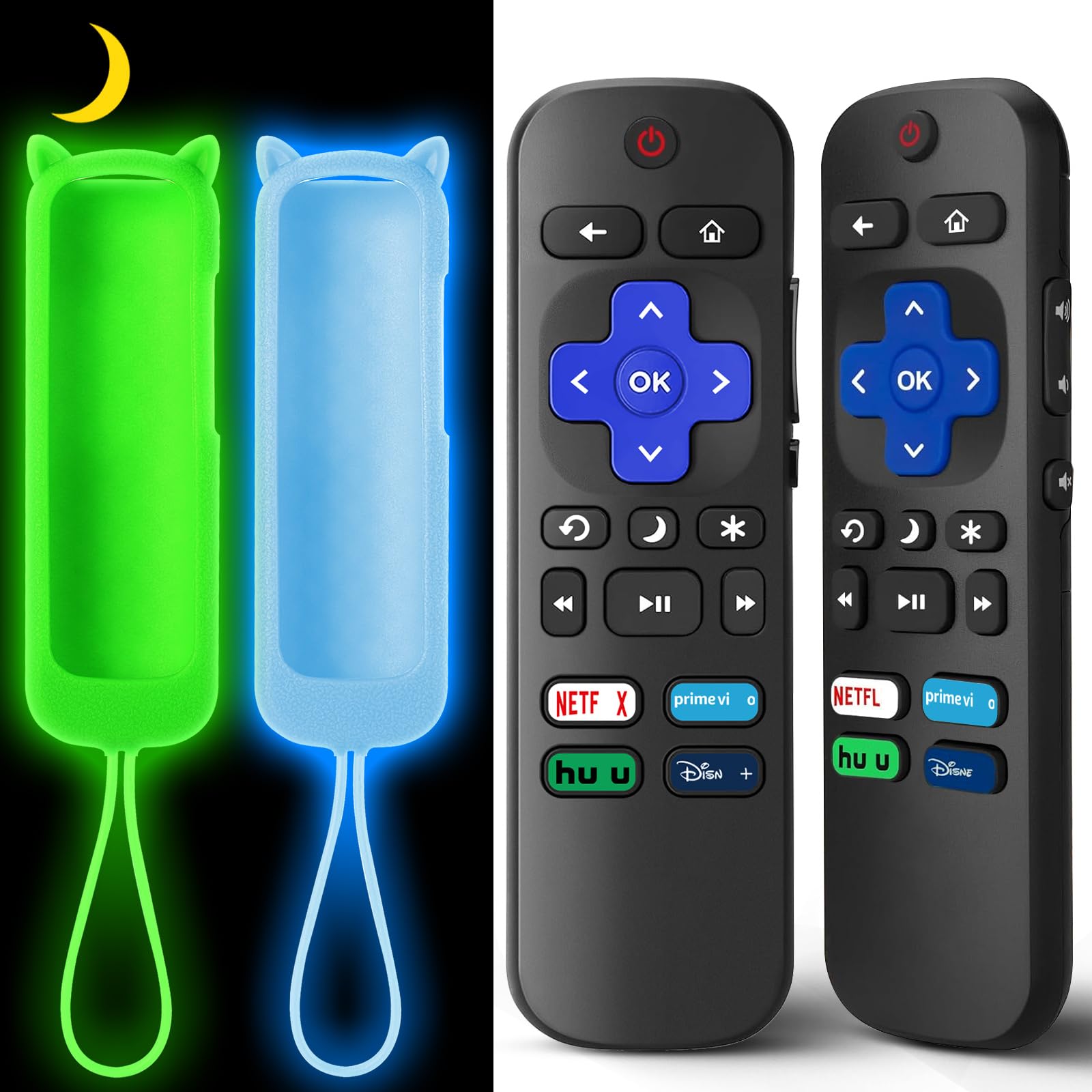 Photo 1 of (Pack of 2) Replacement Remote for Roku TV with Soft Protective Silicone Cover(Glow in The Dark), Universal Remote for TCL/Hisense/Sharp/Onn/Element/Philips Roku Smart TV (Glow Green+Glow Blue)