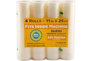 OutOfAir Vacuum Sealer Rolls - 11” x 25’ (4 Pack, 100ft) - Heavy-Duty, 33% Thicker, BPA-Free, Works with FoodSaver, Weston, Anova & More - Food Storage, Sous Vide, Freezer, Microwave & Boil Safe