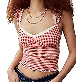Women Gingham Lace Trim Square Neck Crop Tank Tops Plaid Y2K Sleeveless Going Out Tops Slim Fitted Casual Cami Shirts