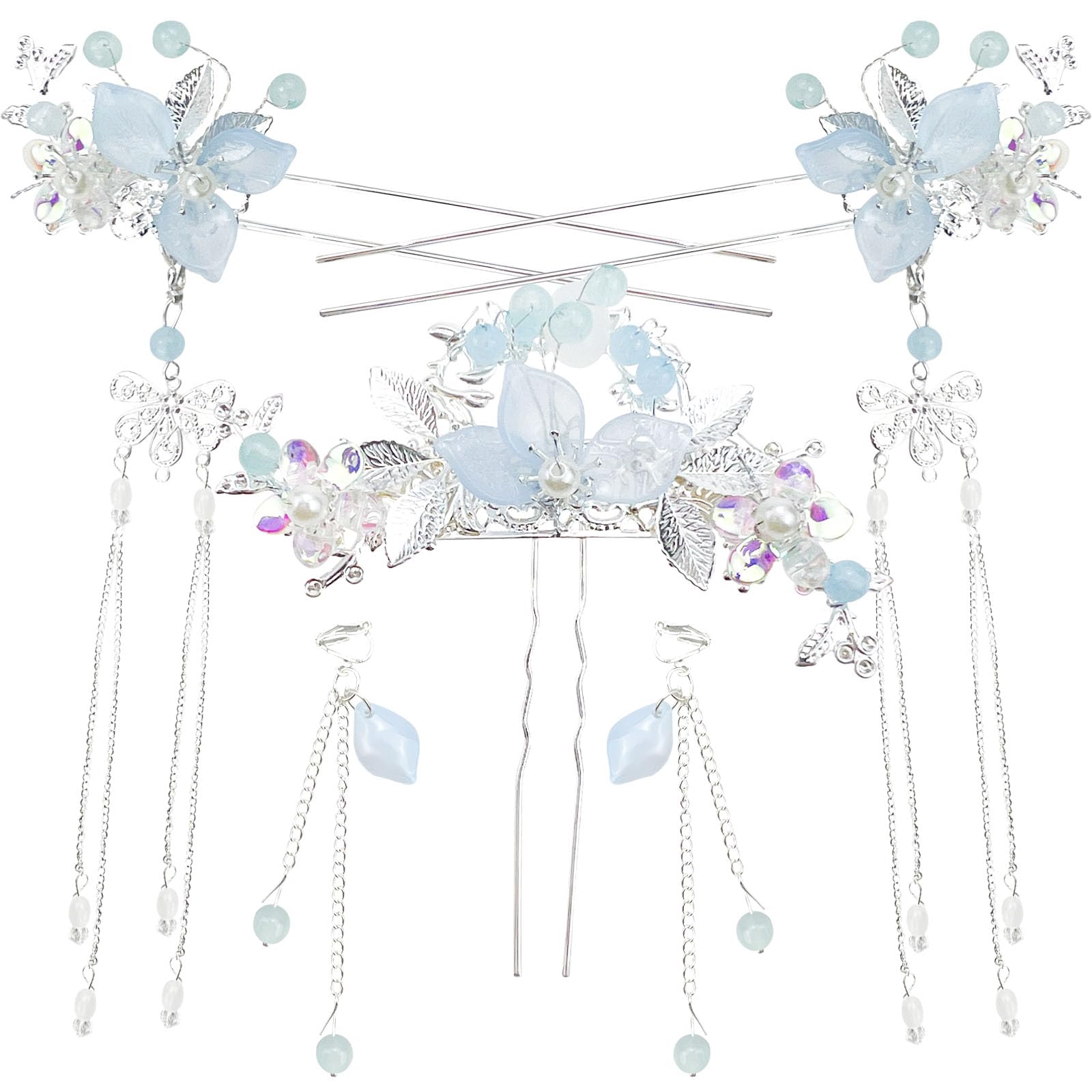 Photo 1 of 5PCS Flower Pearl Tassels Hairpin, Rhinestone Hair Clips Headpiece Vintage Chinese Hanfu Wedding Brides Hair Accessories for Women Girls Updo Long Hair