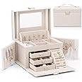 Vlando Mirrored Jewelry Box Organizer, Leather Jewelry Storage Case, Necklaces Earrings Rings Brackets Box Holder, Pearl White