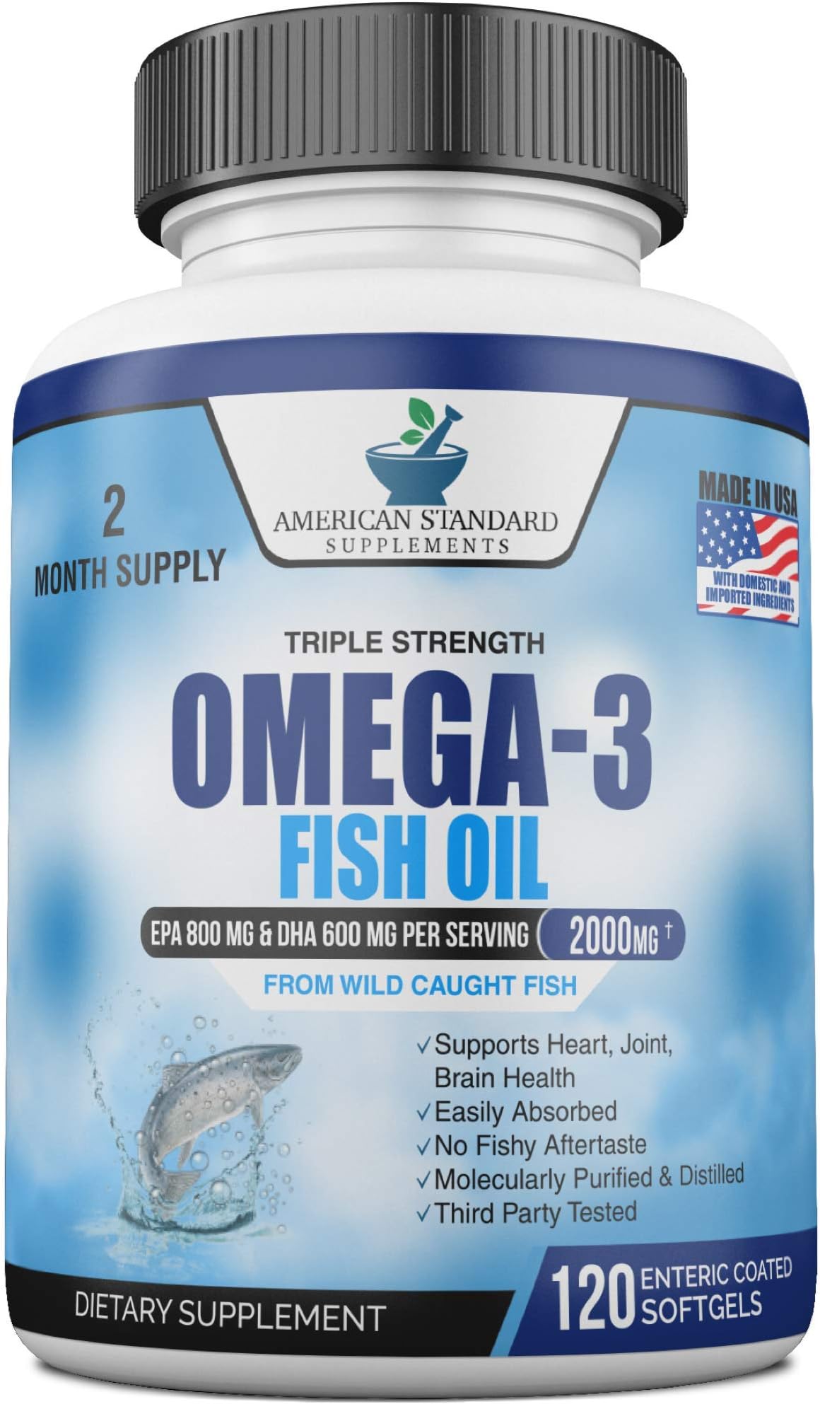 American Standard Supplements Triple Strength Omega-3 Fish Oil – Ultra-Potent Non-GMO Omega-3 Supplement – 2,000mg Fish Oil, 800mg EPA, 600mg DHA for Improved Heart, Joint, Skin Health – 120 Softgels