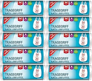 200 Müllbeutel/Mülltüten mit Tragegriff, 50 Liter, 20 Stück pro Rolle, Reißfest & Flüssigkeitsdicht, Produkt & Verpackung recyclebar (10er Pack)