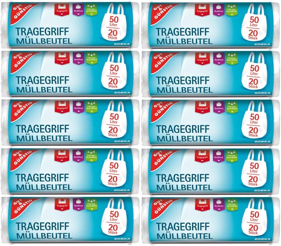 200 Müllbeutel/Mülltüten mit Tragegriff, 50 Liter, 20 Stück pro Rolle, Reißfest & Flüssigkeitsdicht, Produkt & Verpackung recyclebar (10er Pack)