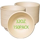 emlifepak 32oz Disposable Salad Bowls 150Pack, Big Paper Bowls, Large, Heavy-Duty, Eco-Friendly, Bulk Pack, Compostable Bowls, Biodegradable Made of Sugar Cane Fibers,Perfect For Salad