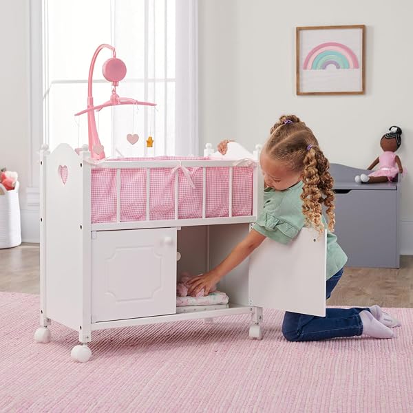 BADGER BASKET WOODEN TOY DOLL BED WITH STORAGE, MOBILE, AND BEDDING TO PRETEND AND PLAY – INCLUDES WHEELS AND FREE PERSONALIZATION KIT – WHITE WITH PINK GINGHAM FABRIC