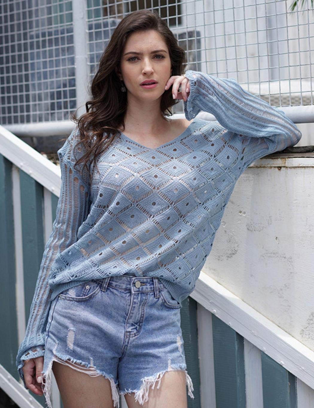 Milene88 Women Loose Knitted Sweater Solid Long Sleeve V-Neck Hollow Out Pullover Boat Neck