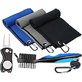 SlickNik - Golf Towel Pack - 3 Microfiber Waffle Pattern Golf Towels Including Golf Club Brush and Groove Cleaner Divot Repair Tool