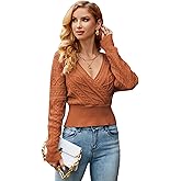 ZAFUL Women's V Neck Cable Knit Sweater Long Sleeve Ribbed Crop Tops Wrap Surplice Solid Casual Pullover Jumper