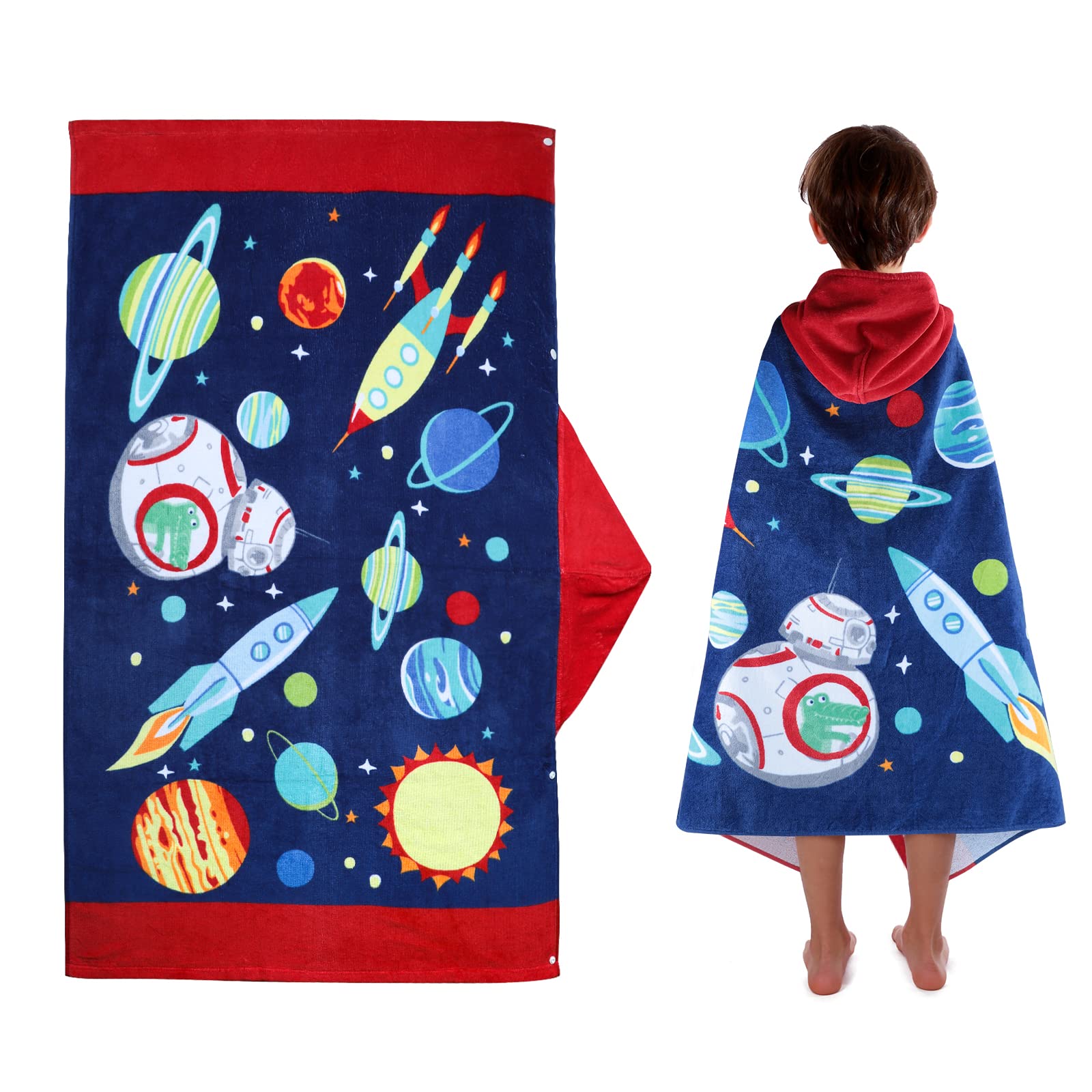 FLYISH DIRECT Kids Beach Towel Hooded, Bath Towel with Hood for Kids 100% Cotton, Boys Poncho Towel, Super Absorbent, 127 x 76cm, Cartoon Star