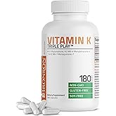 Bronson Vitamin K Triple Play Full Spectrum K1 &amp; K2 MK-4/MK-7, 180 Capsules | 550 mcg Total Vitamin K: 100 mcg K1 + 450 mcg K2, Strong Bone Support, Non-GMO &amp; Gluten-Free