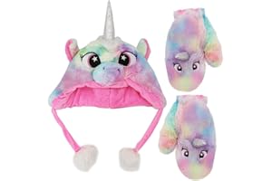 NEWFANCY Kids Girls Cute Rainbow Unicorn Beanie Winter Hat and Glove Set Tie Dye Fuzzy Fur Earflap Cap Mitten Set