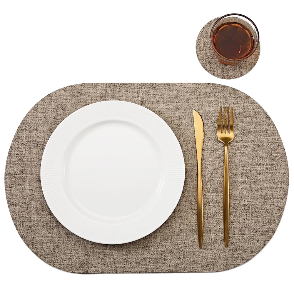 Oval Table Mats Set of 6, Faux Leather Placemats, Heat Resistant & Waterproof(Brown)