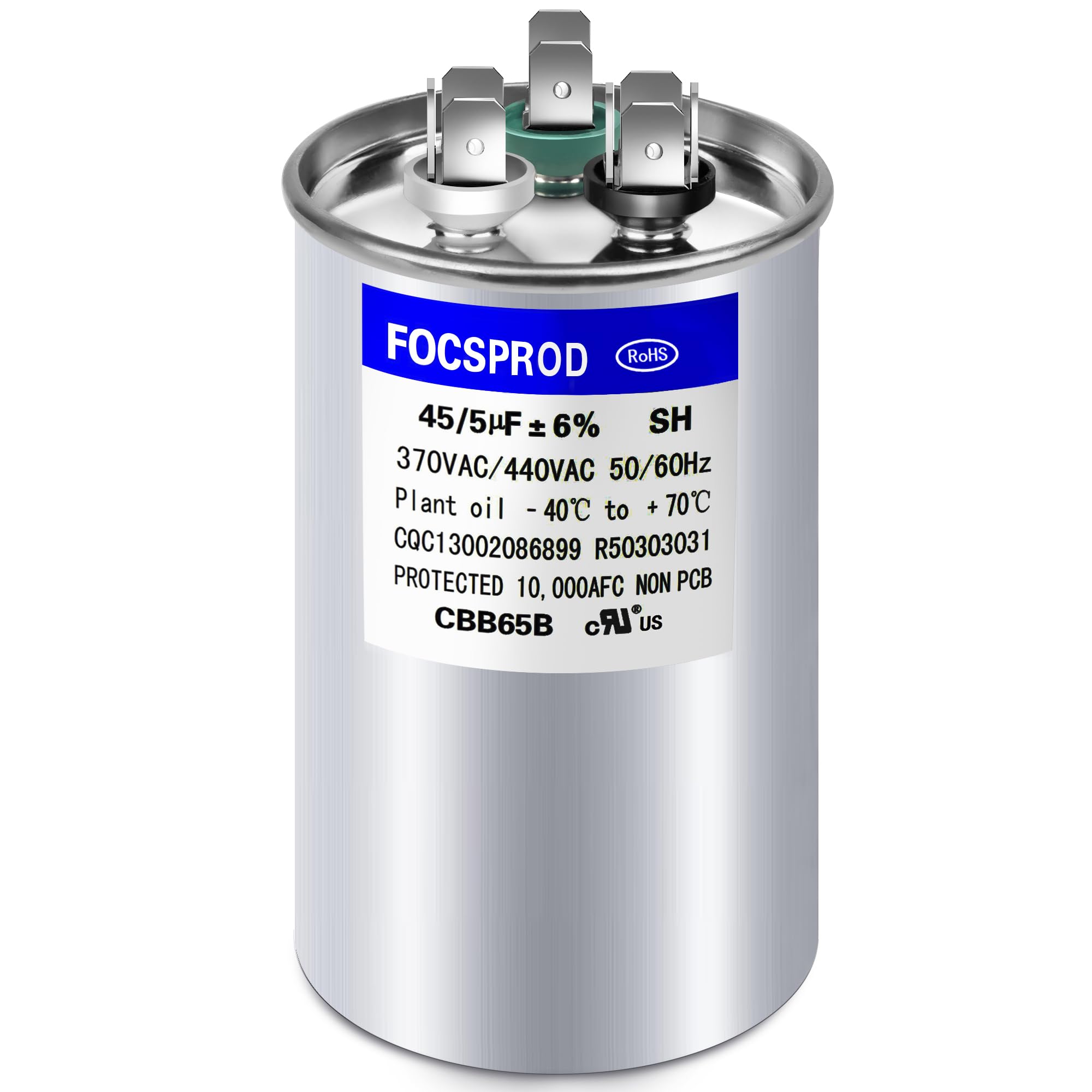 Photo 1 of [UL Recognized] FOCSPROD 45+5 uF 45/5 MFD ±6% 370V/440V CBB65B AC Capacitor, Dual Run Round Capacitor Replacement, 45 5 uF 440 Volt HVAC for AC Unit Fan Motor Start or Heat Pump or Condenser Straight