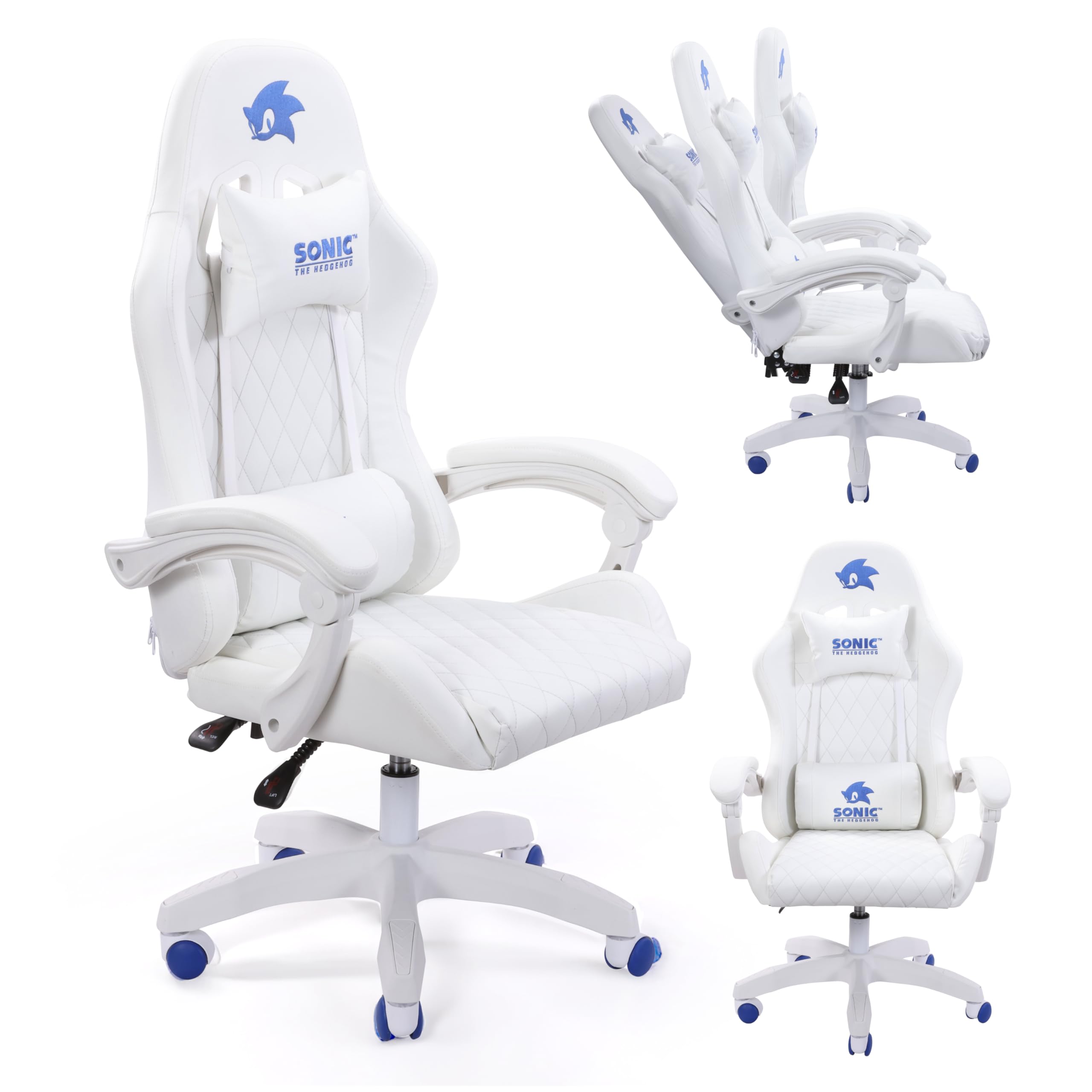 Sonic the Hedgehog Gaming Chair - Premium PU Leather, Reclining Armrest, Class 4 Gaslift, Adjustable 90-135 Degrees, Stylish Design for Adults and Teens, 260+ Lbs Capacity, Blue-White Caster