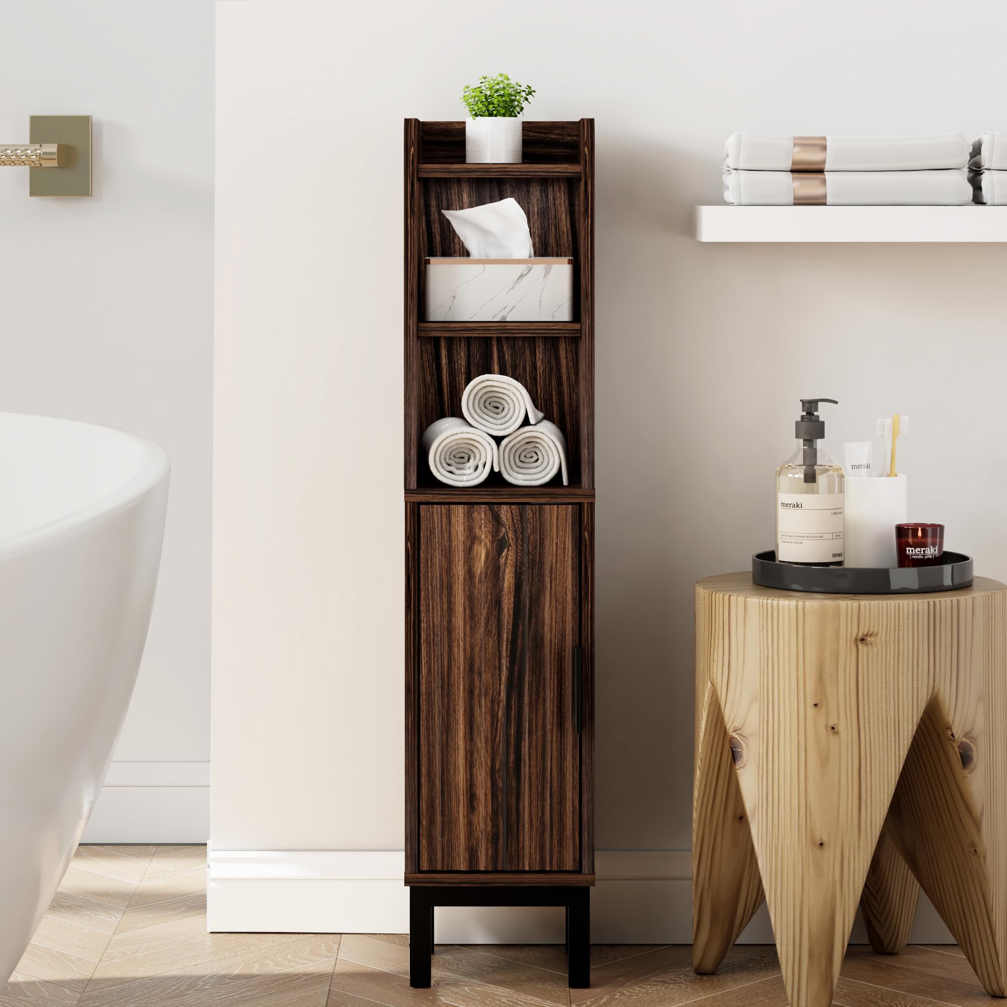 Photo 1 of FerniTry Small Bathroom Storage Cabinet, Corner Floor Cabinet with Door and Shelves, Narrow Toilet Paper Cabinet, Bathroom Organizer with Adjustable Shelf, for Small Spaces (Walnut)