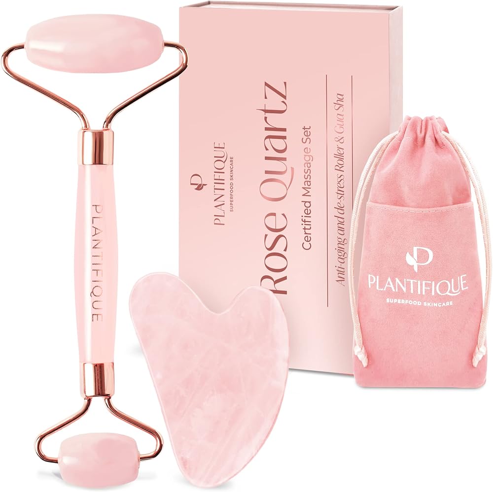 Plantifique Rose Quartz Roller & Gua Sha Set Facial Massager
