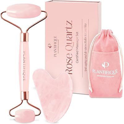 Plantifique Rose Quartz Roller & Gua Sha Set Facial Massager