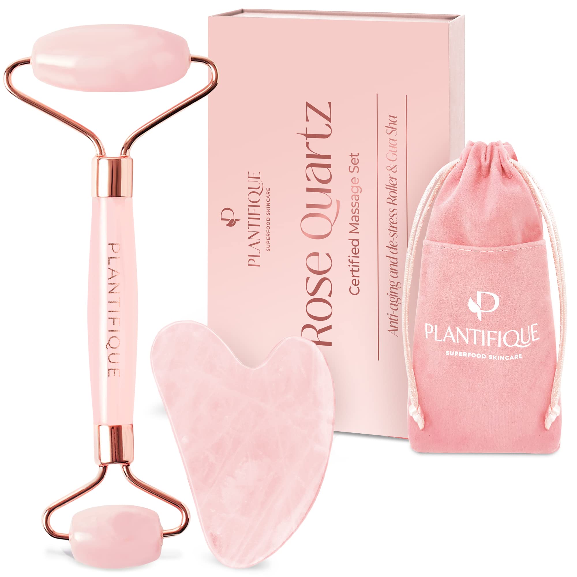 Plantifique Rose Quartz Roller & Gua Sha Set – Face Massager & Skincare Tool for Anti-Aging – Gift for Women & Men, Natural Facial Care & Beauty
