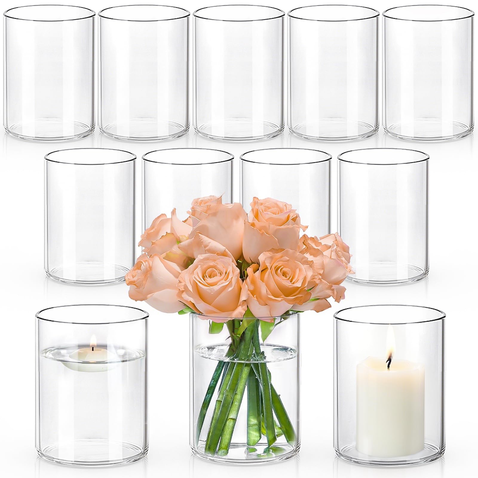 Photo 1 of 5 Inch Small Glass Cylinder Vases for Centerpieces | 12pcs Clear Flower Vase for Wedding Decorations, Floating Candle Vases in Bulk, Hurricane Candle Holders for Table, Home Décor