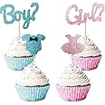 16 Pack Boy or Girl Theme Cupcake Toppers for Gender Reveal Baby Shower Birthday Party Supplies Glitter Kids Blue Onesie Jumpsuit Cake Decorations Pink Dress Cupcake Picks Gender Reveal Cupcake Topper
