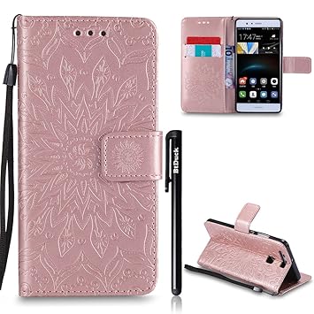 Huawei P9 Hülle Leder,Huawei P9 Flip Case,Lite BtDuck Blume Tasche mit Magnetverschluss, Kartenfach Stand Cover für Huawei P9