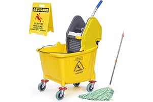 MATTHEW CLEANING 34Quarts Commercial Mop Bucket INCL.Wet String Mop with Down Press Wringer On Wheels,Industrial Heavy-Duty F