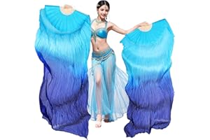 CDOKY 70'' Real Silk Belly Dance Fans, Women Belly Dance Fans, Gradient Color Long Fan Veils with Ribs Hand-Made Women
