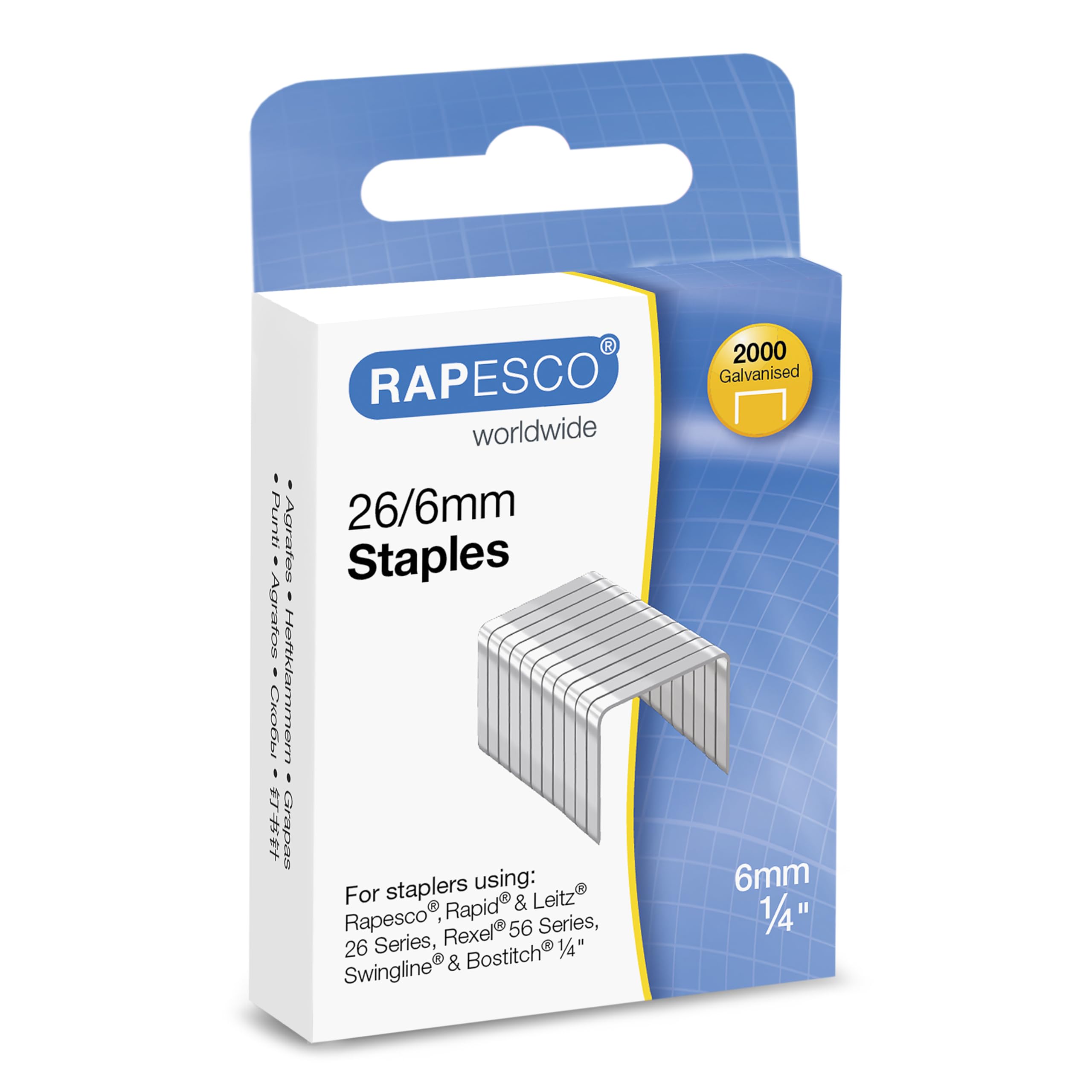 Rapesco S2662MA3 Type 26/6 mm (No 56) Galvanised Staples, Pack of 2000
