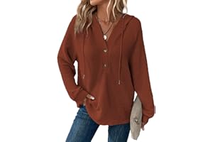 Dokotoo Hoodies for Women Waffle Knit Long Sleeve Drawstring Button V Neck Casual Pullover Sweatshirt Hooded Tops