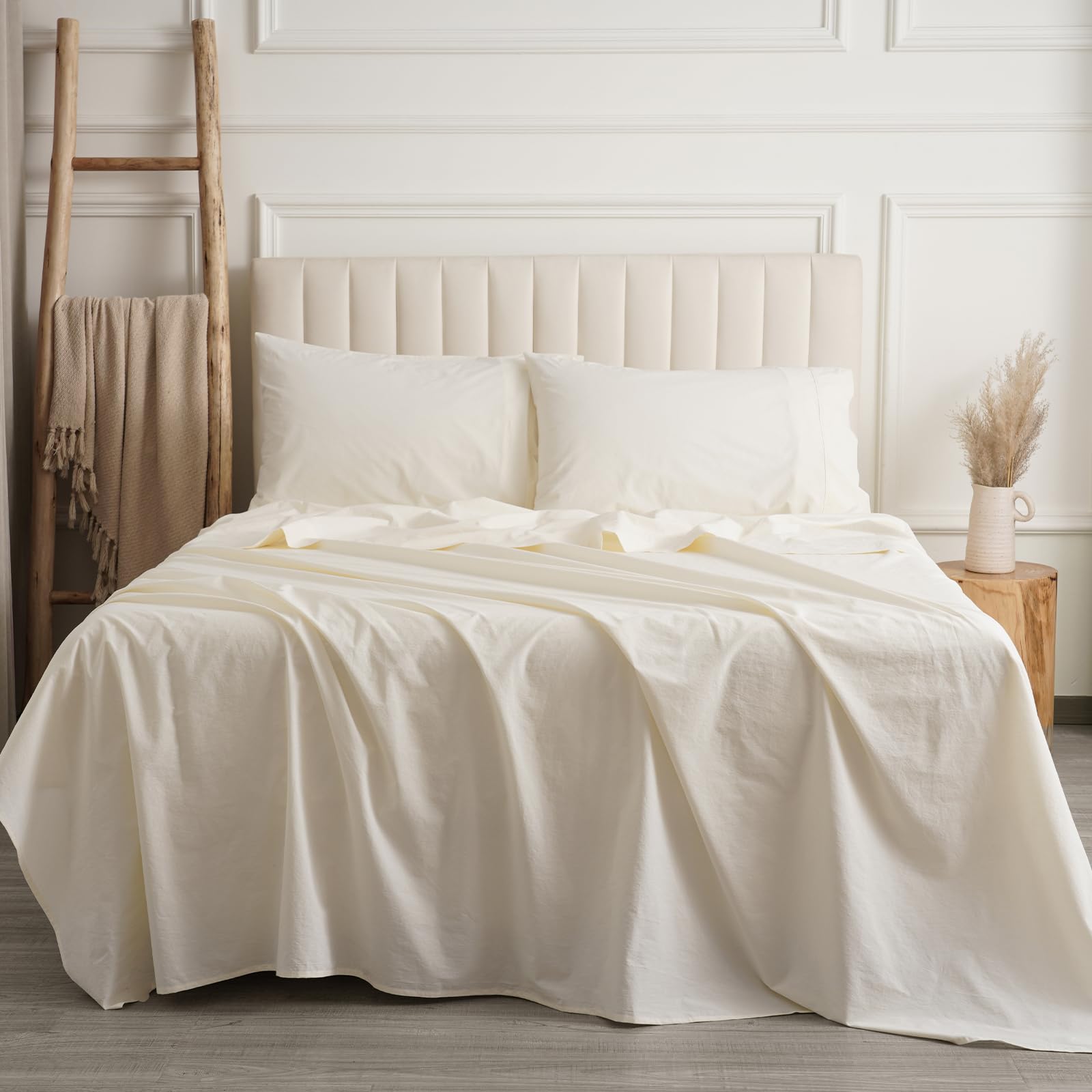 Photo 1 of PHF 100% Garment Washed Cotton Sheets Set Queen Size, Ultra Soft Cotton Bedding Sheets Set, 4 PCS Breathable Moisture-Wicking Durable Sheet Set,Deep Pocket Cotton Bed Sheet Up to 16", Cream