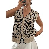 WDIRARA Women's Leopard Print Button Down Sweater Vest V Neck Sleeveless Cardigan Scallop Trim Knit Tops