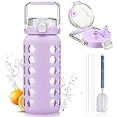 MUKOKO 64oz Glass Water Bottles with Straw and Lid,Half Gallon Water Bottle with Time Marker,Large Glass Water Jug with Silicone Sleeve and Stainless Steel Handle-Purple