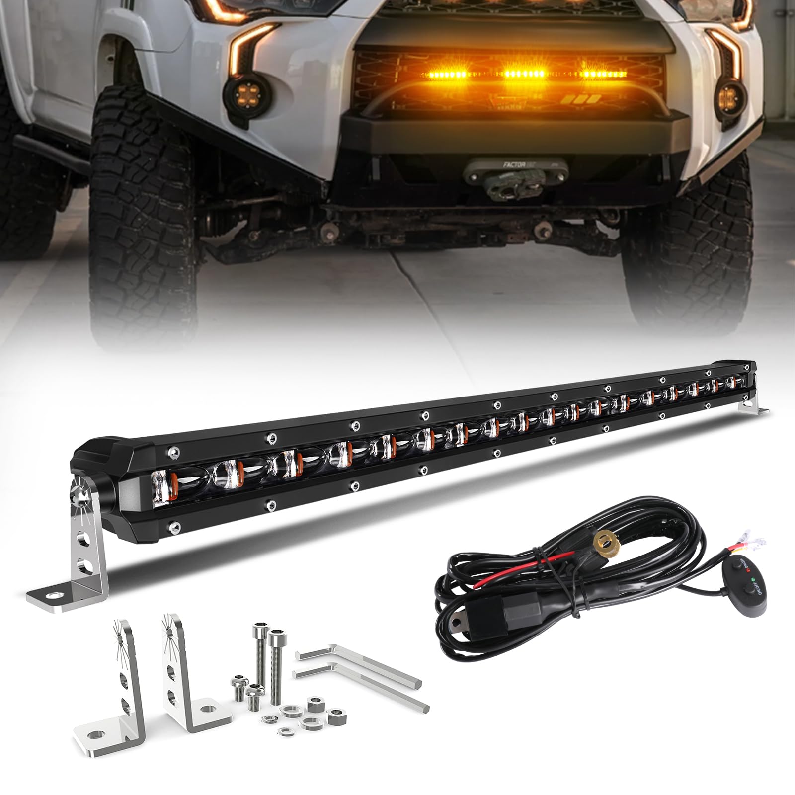 Photo 1 of BraveWAY 20 inch LED Light Bar Slim Spot Flood Combo Beam Single Row White Driving Light White & Amber Strobe Flashing Light with 12V Wiring Harness for Off-Road Truck Car SUV