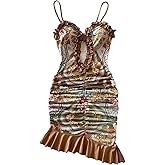 Floerns Women's Boho Floral Cut Out Mini Cami Dress Ruched Bodycon Ruffle Dresses