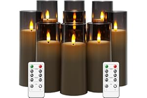 kakoya Flickering Flameless Candles Battery Operated with Remote and 2/4/6/8 H Timer Plexiglass Led Pillar Candles Pack of 9 (D2.3 xH 6" 7" 8") with Realistic Moving Wick Candles for Home Decor(Grey)