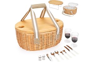 STBoo Picnic Basket for 2 - Wicker Basket Set with Wine Table | Handmade Willow Basket with Insulated Cooler Bag for Outdoor Camping, Great Gifts for Wedding, Birthday (Beige)