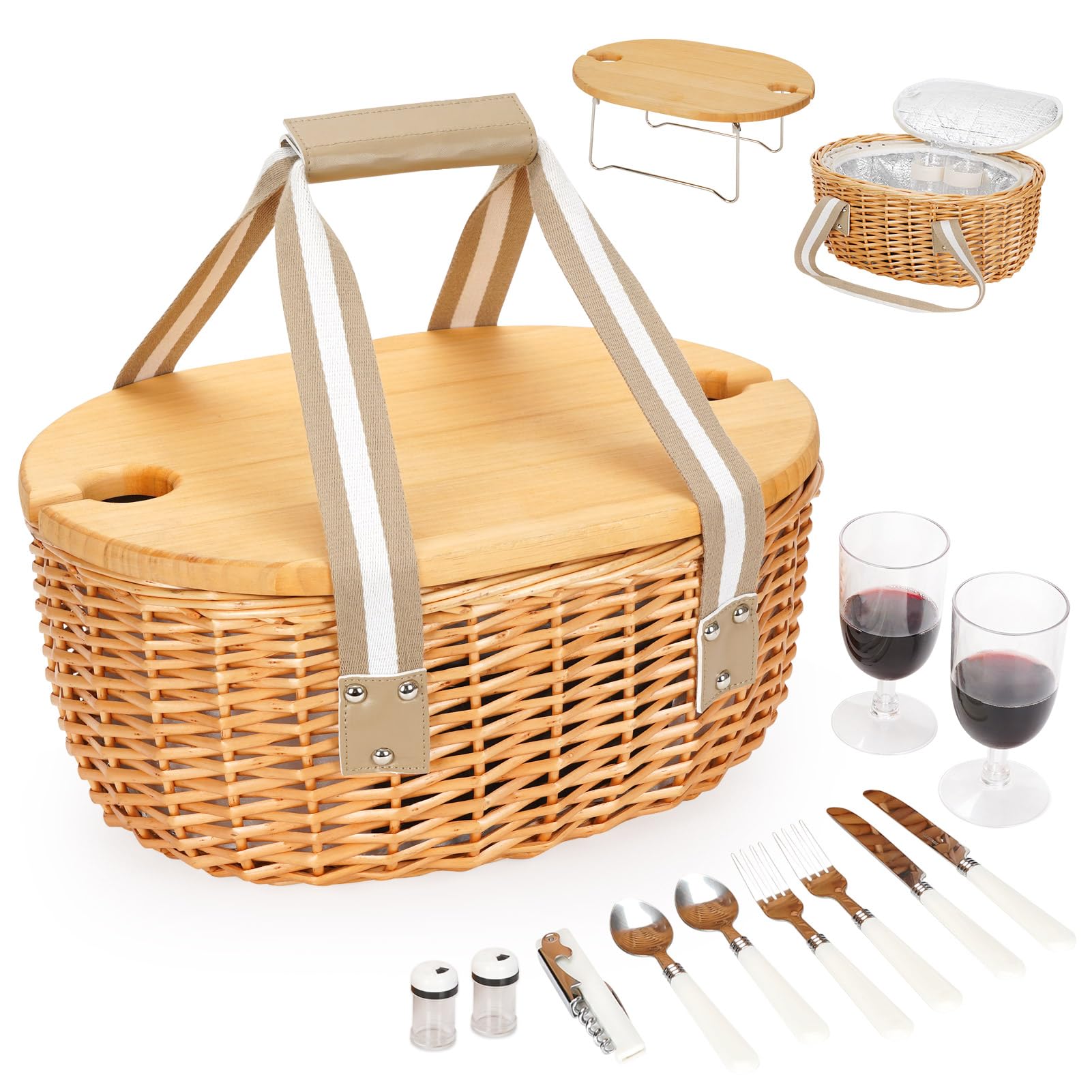 Photo 1 of STBoo Picnic Basket for 2 - Wicker Basket Set with Wine Table | Handmade Willow Basket with Insulated Cooler Bag for Outdoor Camping, Great Gifts for Wedding, Birthday (Beige)