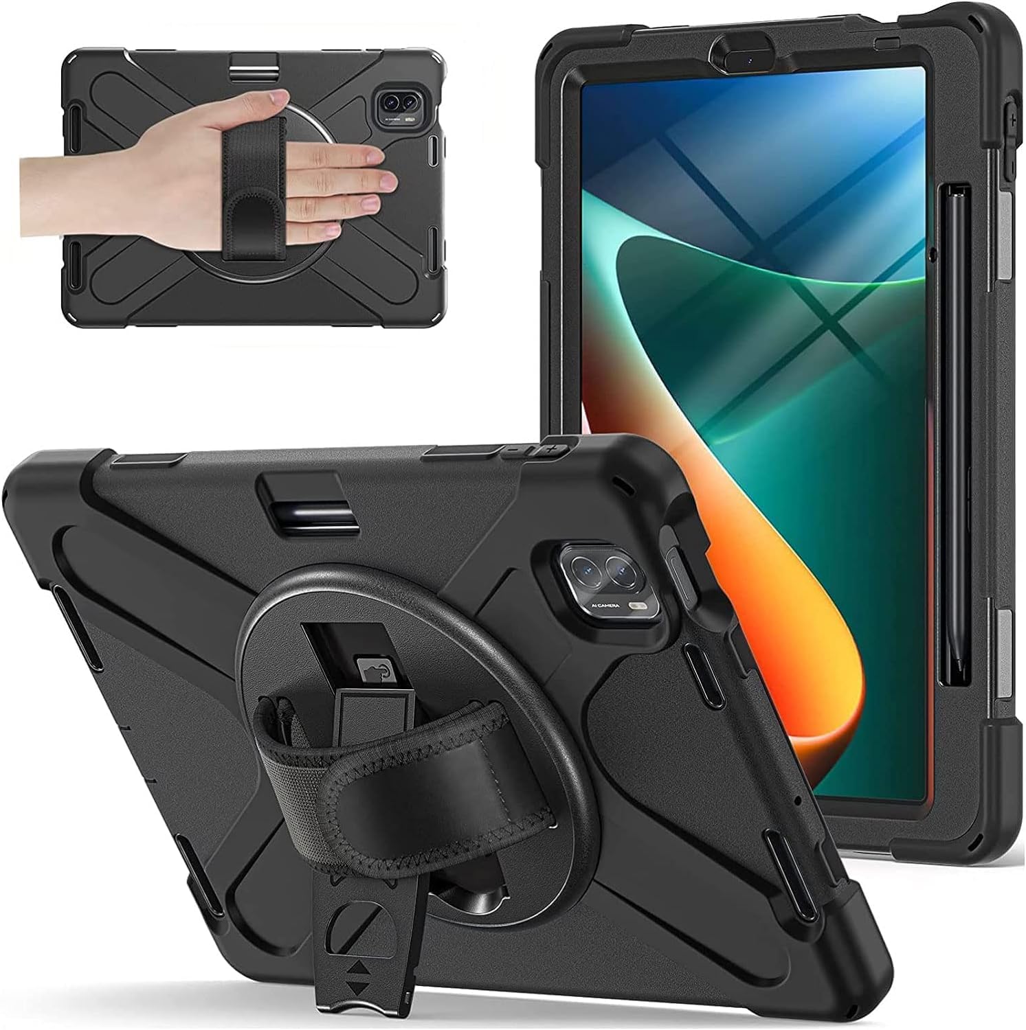 Gerutek for Xiaomi Pad 5 Case Shockproof, Xiaomi Pad 5 Pro Cover,Heavy Duty Rugged Protective Case with 360 Rotatable kickstand/Hand & Shoulder Strap Cover for Xiaomi Mi Pad 5/Mi Pad 5 Pro, Black