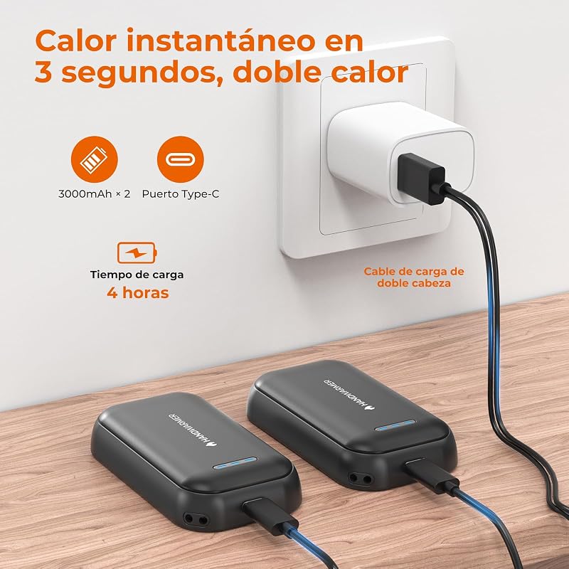 Aquecedores de mãos magnéticos recarregáveis 2 em 1 - 6000mAh, 3 níveis de aquecimento 45/50/55°C, USB-C, Aquecimento 3s, para exterior e frio, oferta para mulheres, preto
