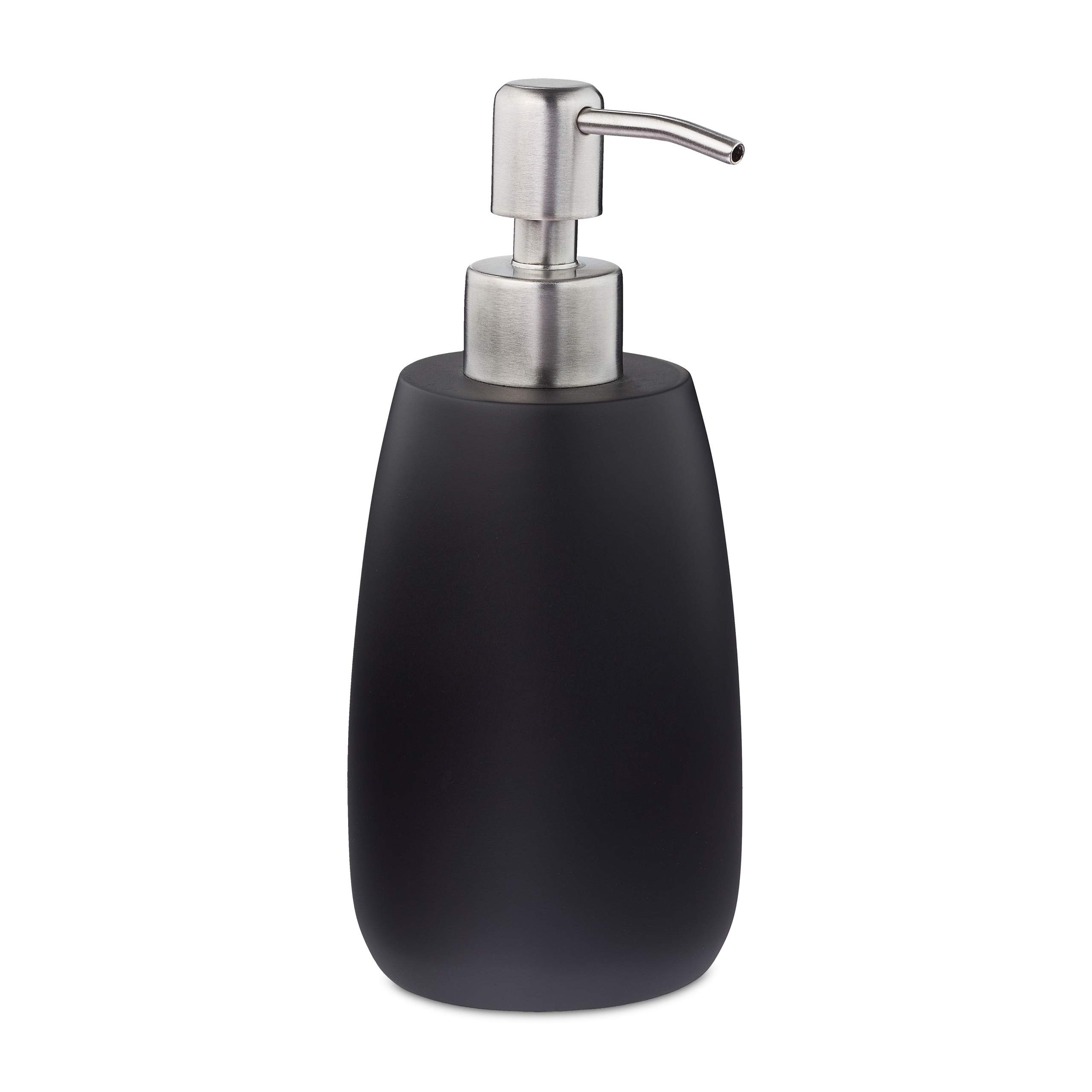 Relaxdays Soap Dispenser, Round, 300 ml, Refillable, Bathroom, for Liquids, Polyresin, Stainless Steel Pump, Black