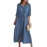 ECOWISH Women's Maxi Shirt Dress - 2026 Long Sleeve Button Casual Fall A-line Work Tiered Dresses with Belt and Pockets