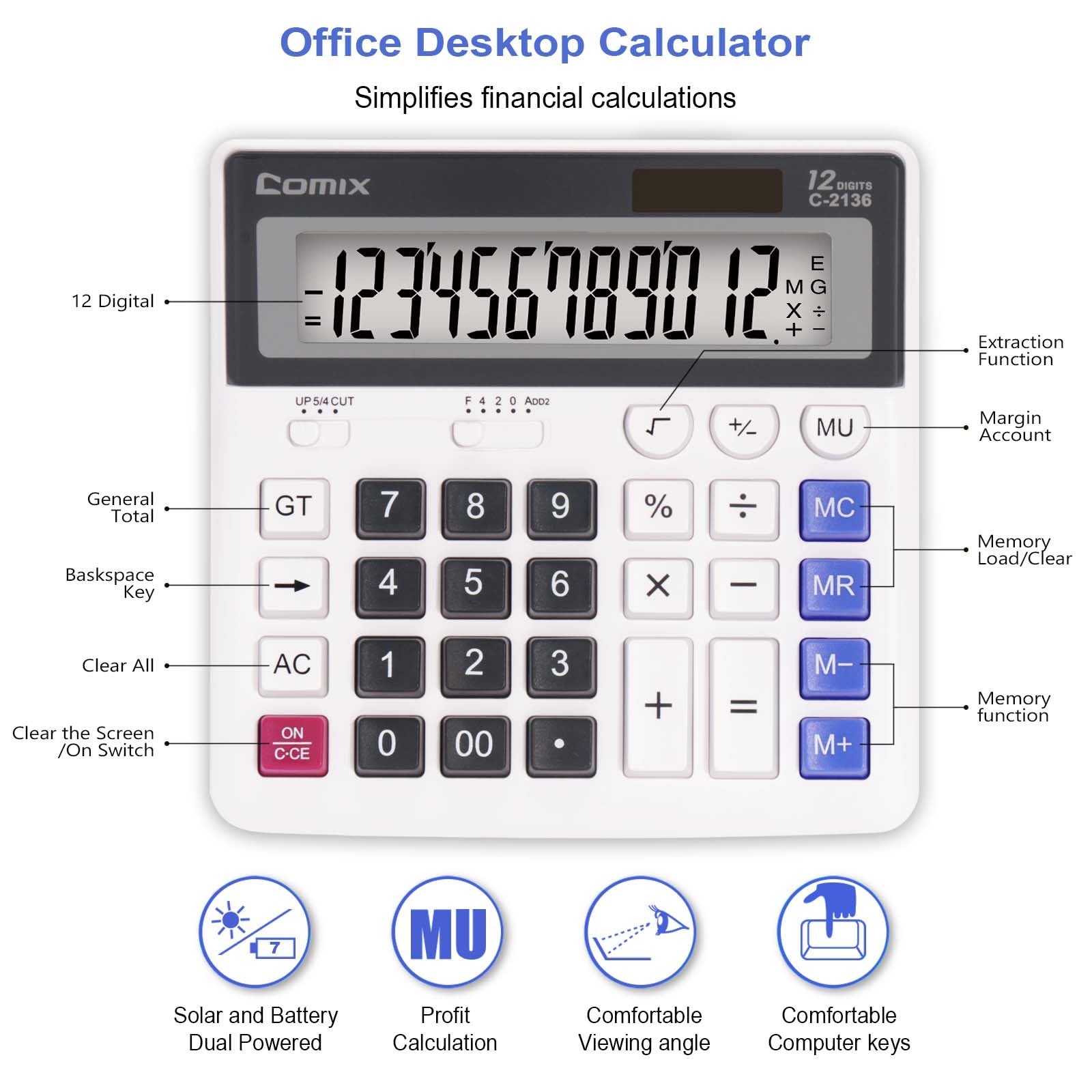 Comix Desk Calculator, 12-Digit Large LCD Display and Big Computer Keys, Solar Battery Dual Power, Desktop Calculator for Home Office School C-2136