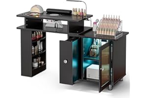 Paddie Manicure Table Nail Desk with LED Lamp & Light, Glass Cabinet Door Nail Table Station w/Dust Collector, Charging Station, Removable Acrylic Container, Cabinet and Drawer(Black-New)