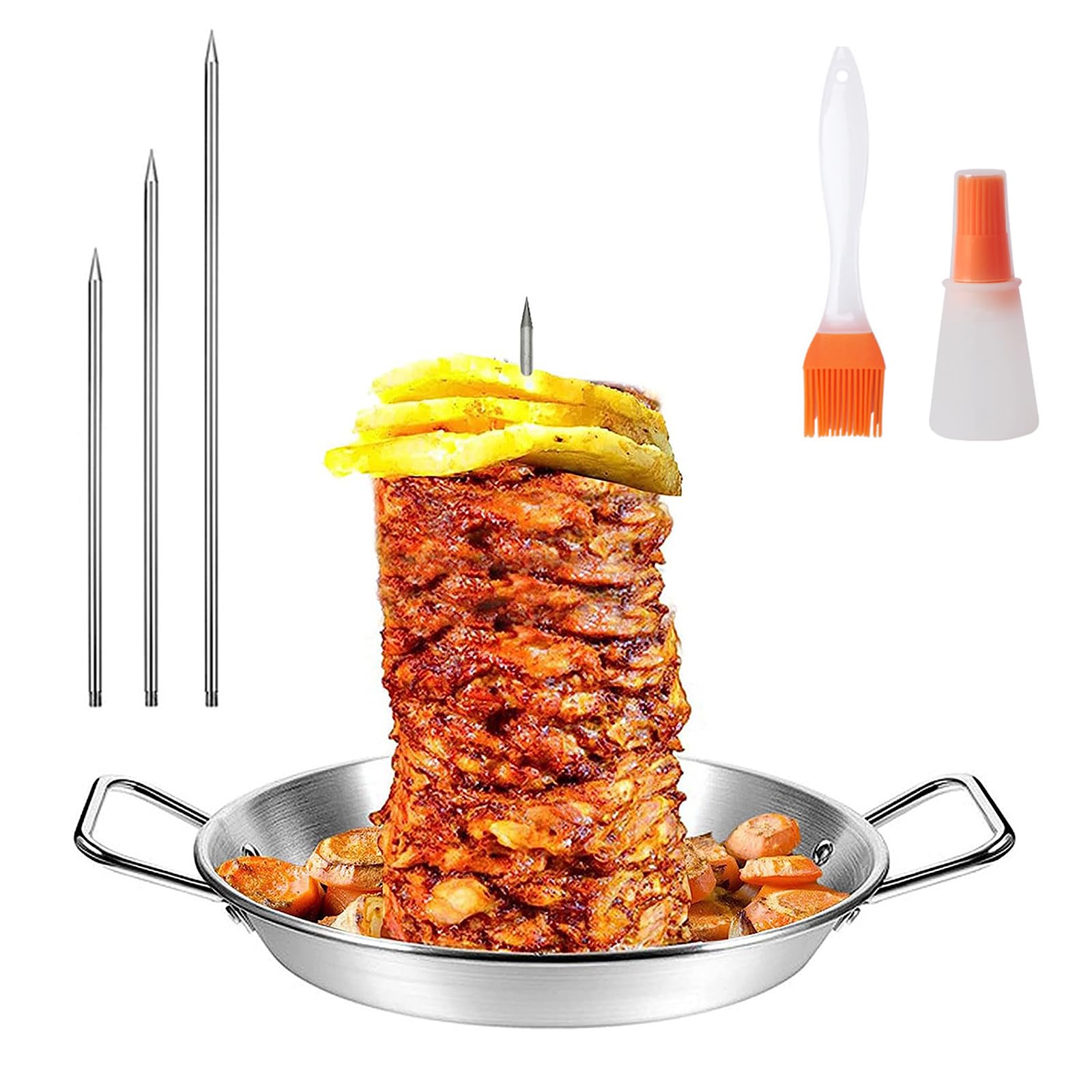 MEETOZ Stainless Steel Vertical Meat Skewer, BBQ Vertical Skewer Grill with 3 Replacement Spikes, Brazilian Barbecue Grilling Rack Meat Spit with Drip Tray for Whole Chicken Fish Sausage Steak