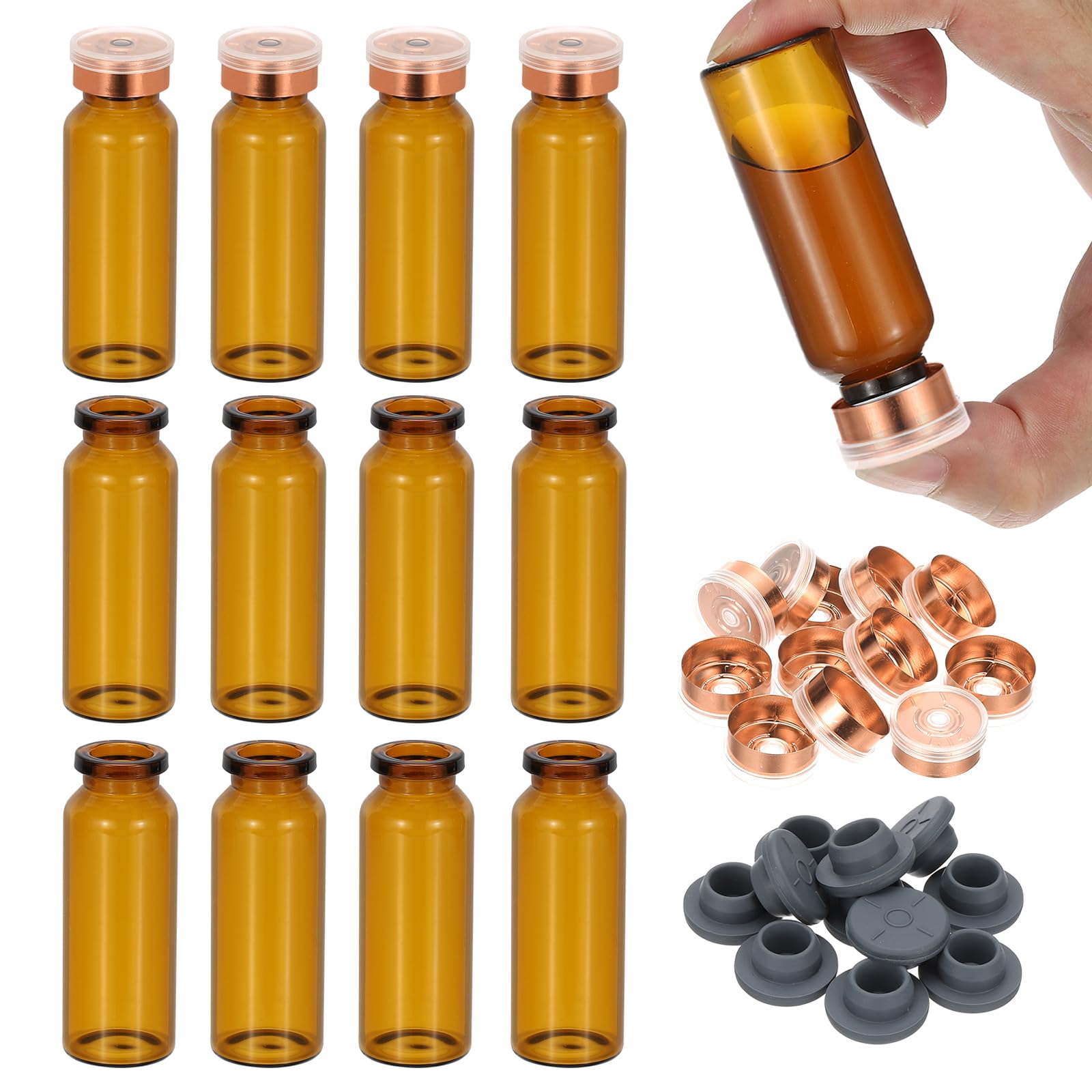 Photo 1 of PATIKIL 12pcs 20ml Amber Borosilicate Glass Sample Vials with Aluminum Plastic Cap and Rubber Stopper for Lab Solid Liquid Powder Storage, Gold Tone