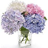 Hydrangea Artificial Flowers with Vase, Real Touch Silk Artificial Hydrangeas Faux Hydrangea Flowers Bathroom Office Coffee Table Centerpieces, Fake Hydrangea Flowers Floral Arrangements in Glass Vase