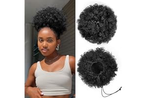 YEAME Afro Puff Drawstring Ponytail for Black Women, Short Kinky Curly Afro Ponytail Synthetic Hair Puffs, Premium Black Afro Bun Drawstring Ponytail for Women Girls (1B Natural Black)