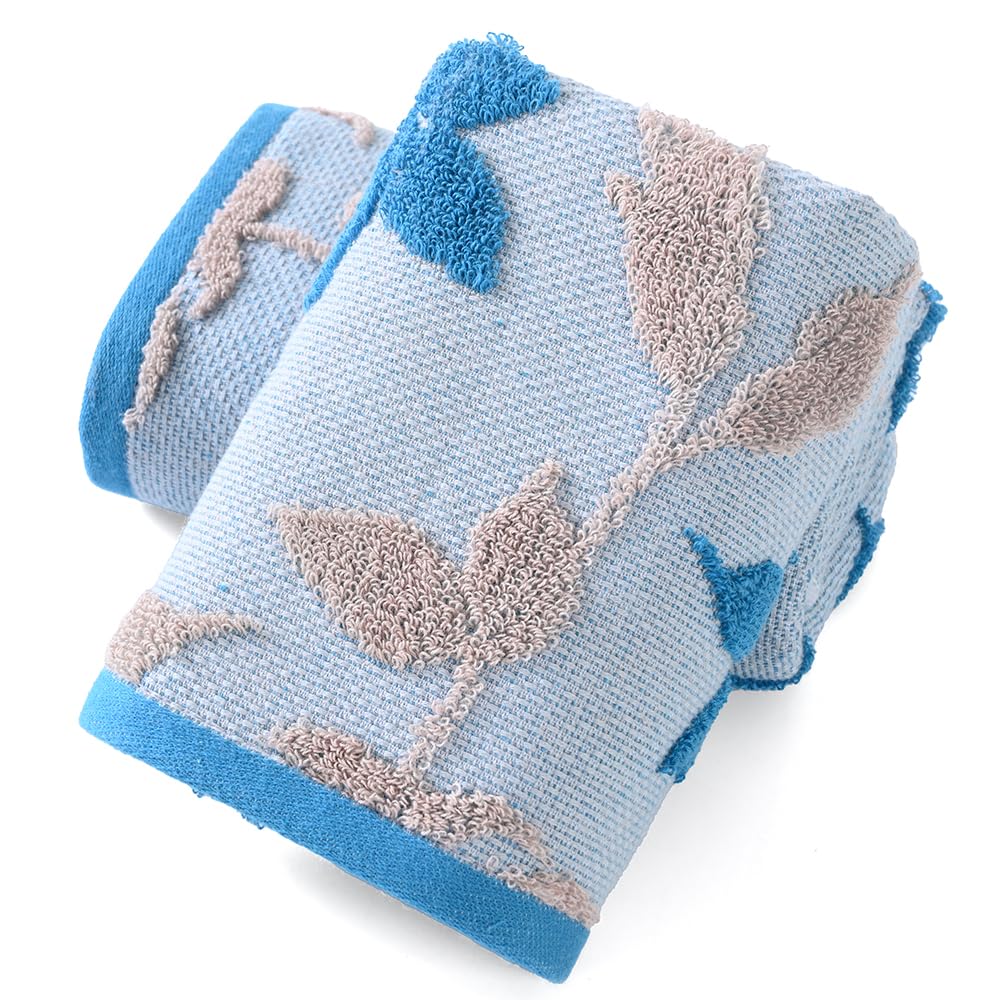 sense gnosis Navy Blue Hand Towel Set of 2 Super Soft 100% Cotton Highly Absorbent Embossed Leaf Floral Pattern Decorative Jacquard Weave Hand Towels for Bathroom Home 13x 29 Inch